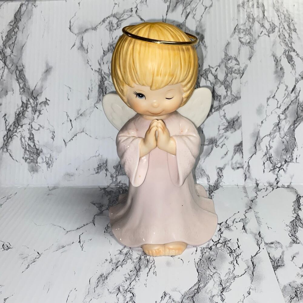 Ceramic Praying Angel Winking Figurine Porcelain Figure 8” Decor Pink Robe